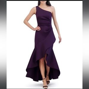 ▶️ Eliza J ◀️ Plum Purple One Shoulder Side Pleat Ruffle Gown